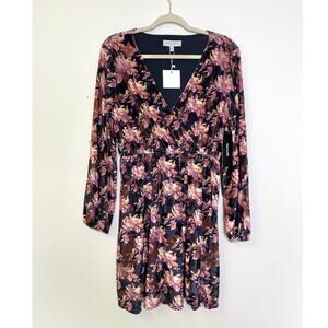 NWT Floral Velvet Dress Size M Sheer Accent Faux Wrap Romantic Feminine Party